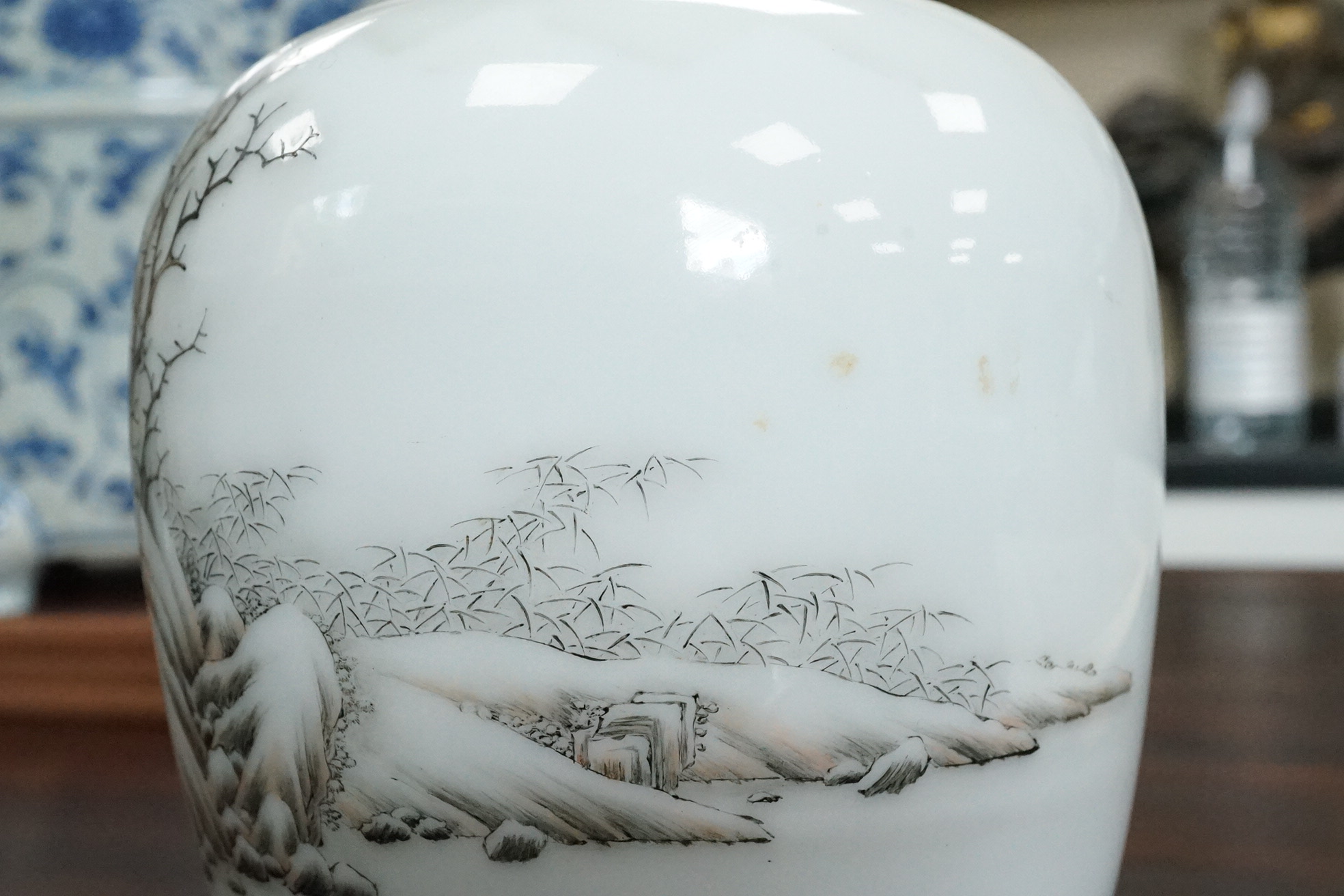 A Chinese inscribed enamelled porcelain ‘Winter landscape’ vase, Qianlong four character mark but Republic period